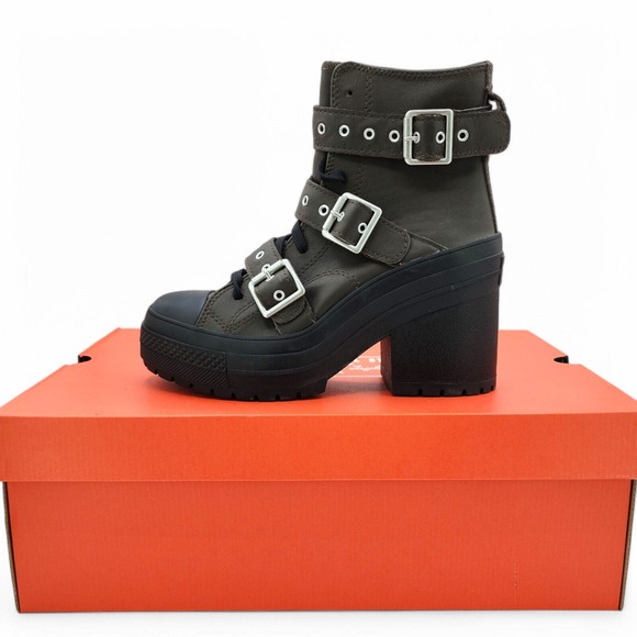 Converses Chuck 70 De Luxe Heel Boots Womens 7.5 Leather Buckle Biker NEW in Box - Picture 1 of 16